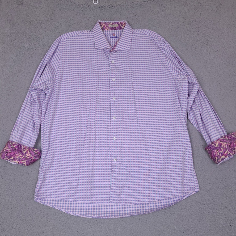 Karma Blu Designer Button Down Shirt Mens 2XL Purple Pink Plaid Contrast Cuff‎